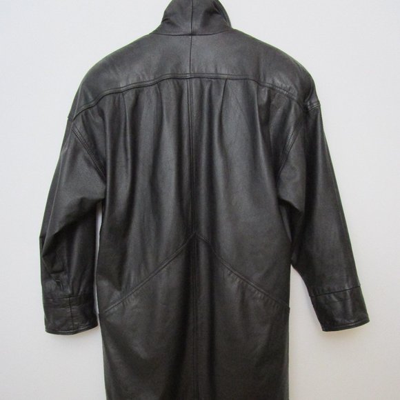 Fierce Black Leather 80s Duster Coat Oversized Wedge Korea Outerwear - Picture 10 of 12